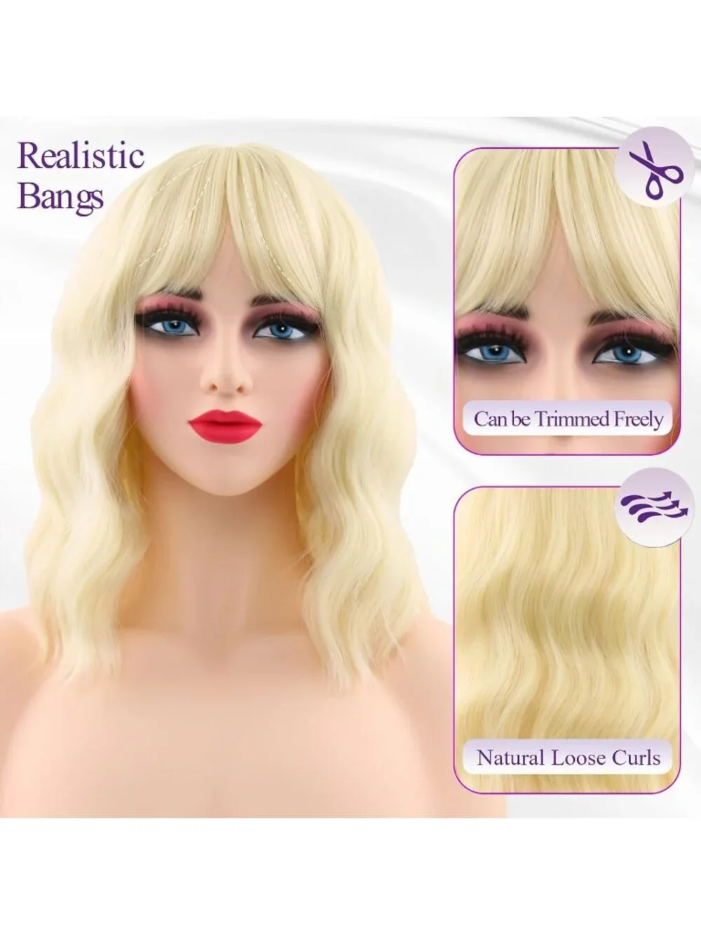 Women's Blonde 14 Inch Heat Resistant Synthetic Short Wavy Bob Wigs Bangs